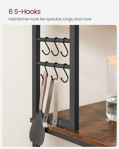 VASAGLE Coffee Bar, Baker’s Rack for Kitchen with Storage, 6-Tier Kitchen Shelves with 6 Hooks, Microwave Stand, Industrial, 15.7 x 31.5 x 65.7 Inches, Rustic Brown and Black UKKS019B01 VASAGLE