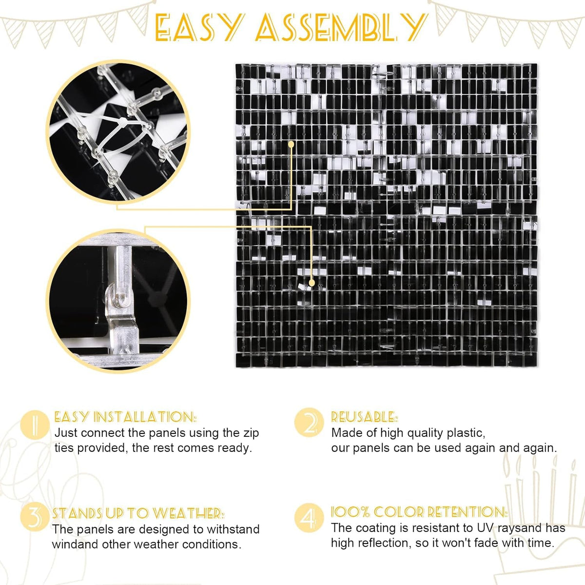 Panneaux de fond à paillettes noires 3 pi x 6 pi, mur scintillant décoratif, arrière-plan pour fête de remise de diplôme, anniversaire, Halloween, fiançailles, décoration à paillettes