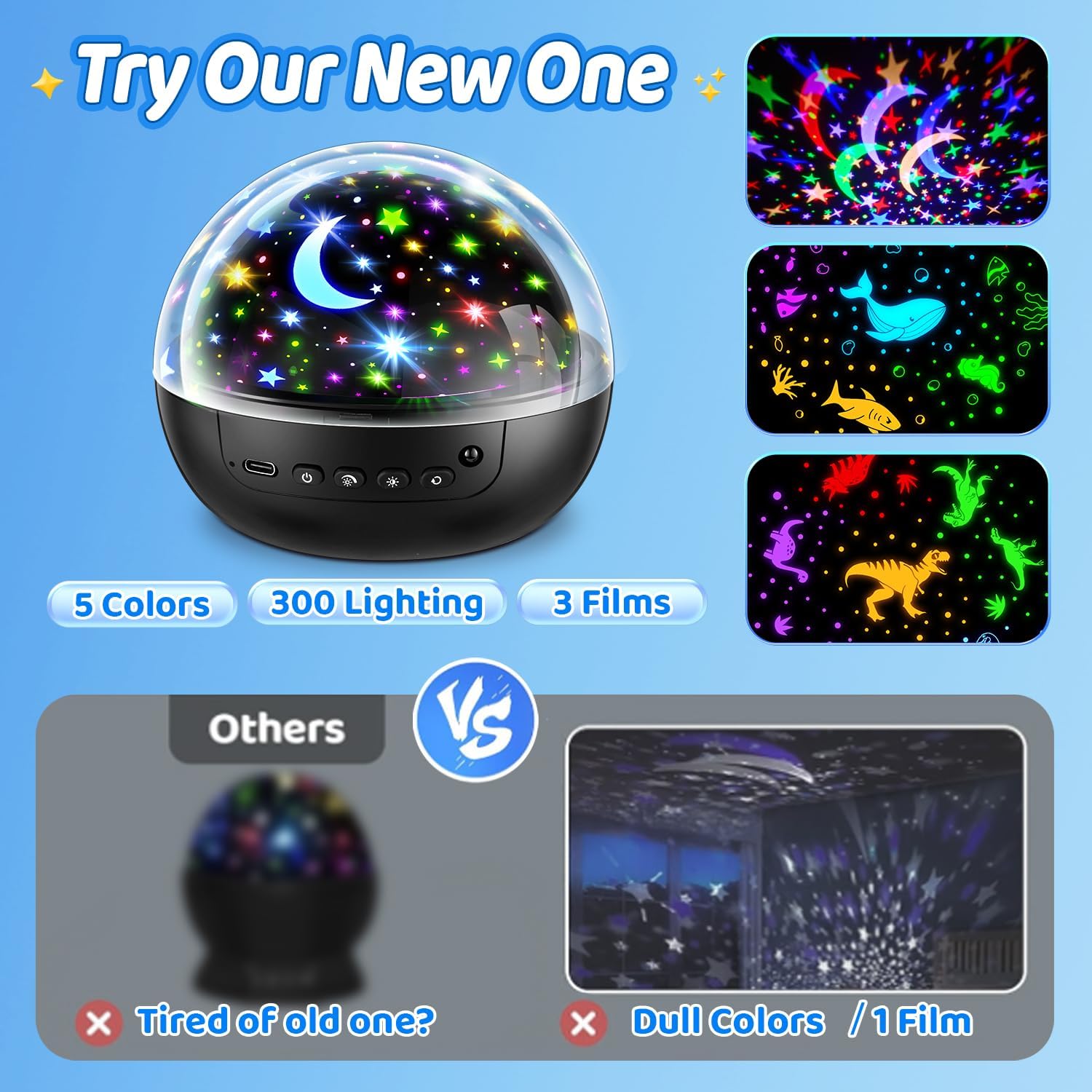 PIKOY Night Light for Kids,93 Lighting+3 Films Star Projector Night Light, Dimmable Remote Star Lights, 360° Sensory Projector Nightlight Glow in the Dark Stars, Toddler 3 Year Old Boy Toys for 3-5