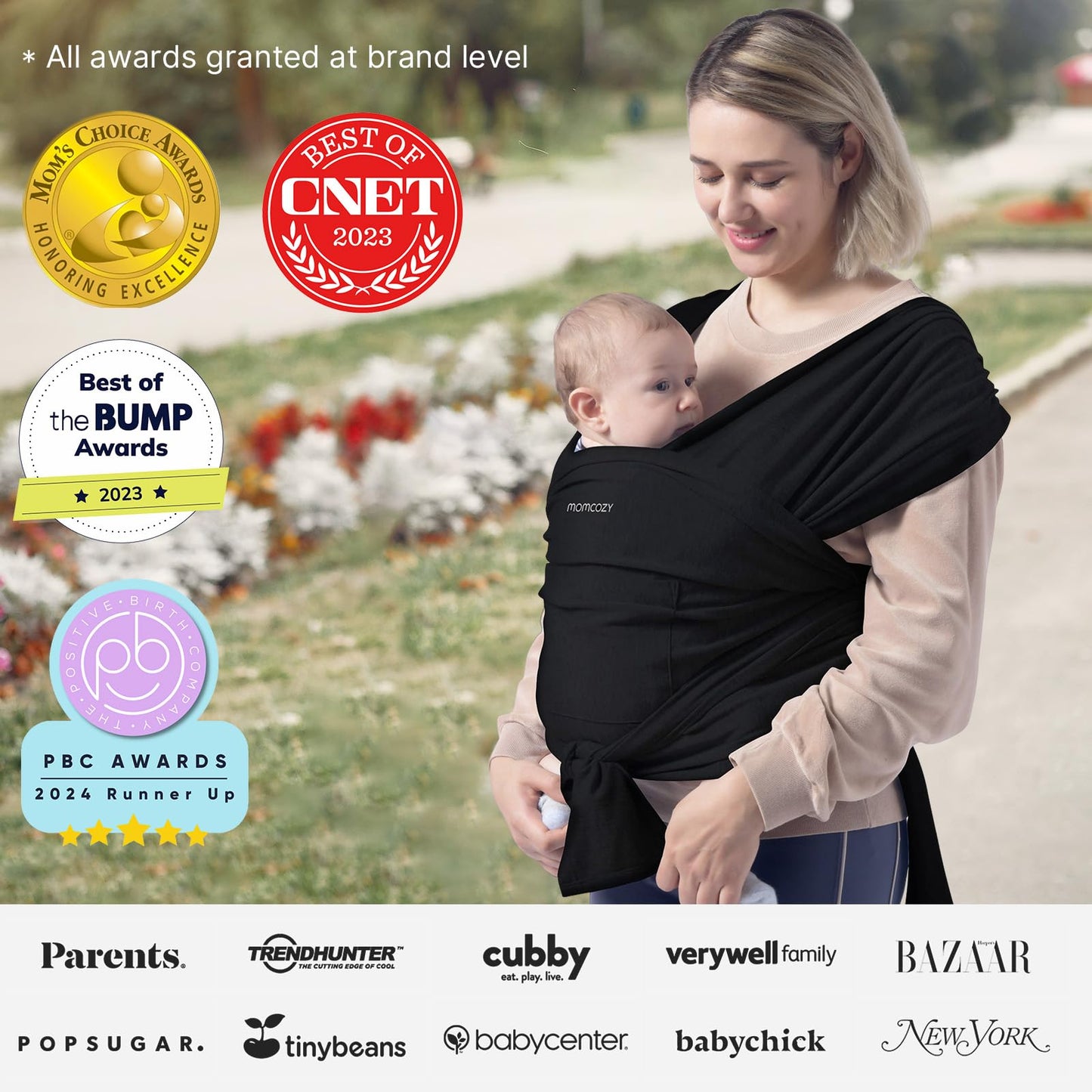 Momcozy Baby Wrap Carrier Slings, Infant Carrier Slings for Newborn up to 50 lbs, Baby Wrap Adjustable for Adult Fits Sizes XXS-XXL, Easy to Wear Baby Carriers, Ergonomic Front Facing/Back, Black