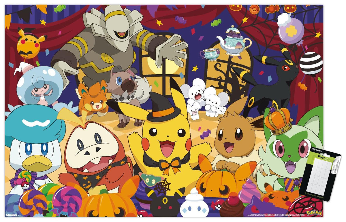 Pokémon : Fête d'Halloween - Affiche murale de groupe, 56,9 cm x 37,3 cm, lot affiche premium et support