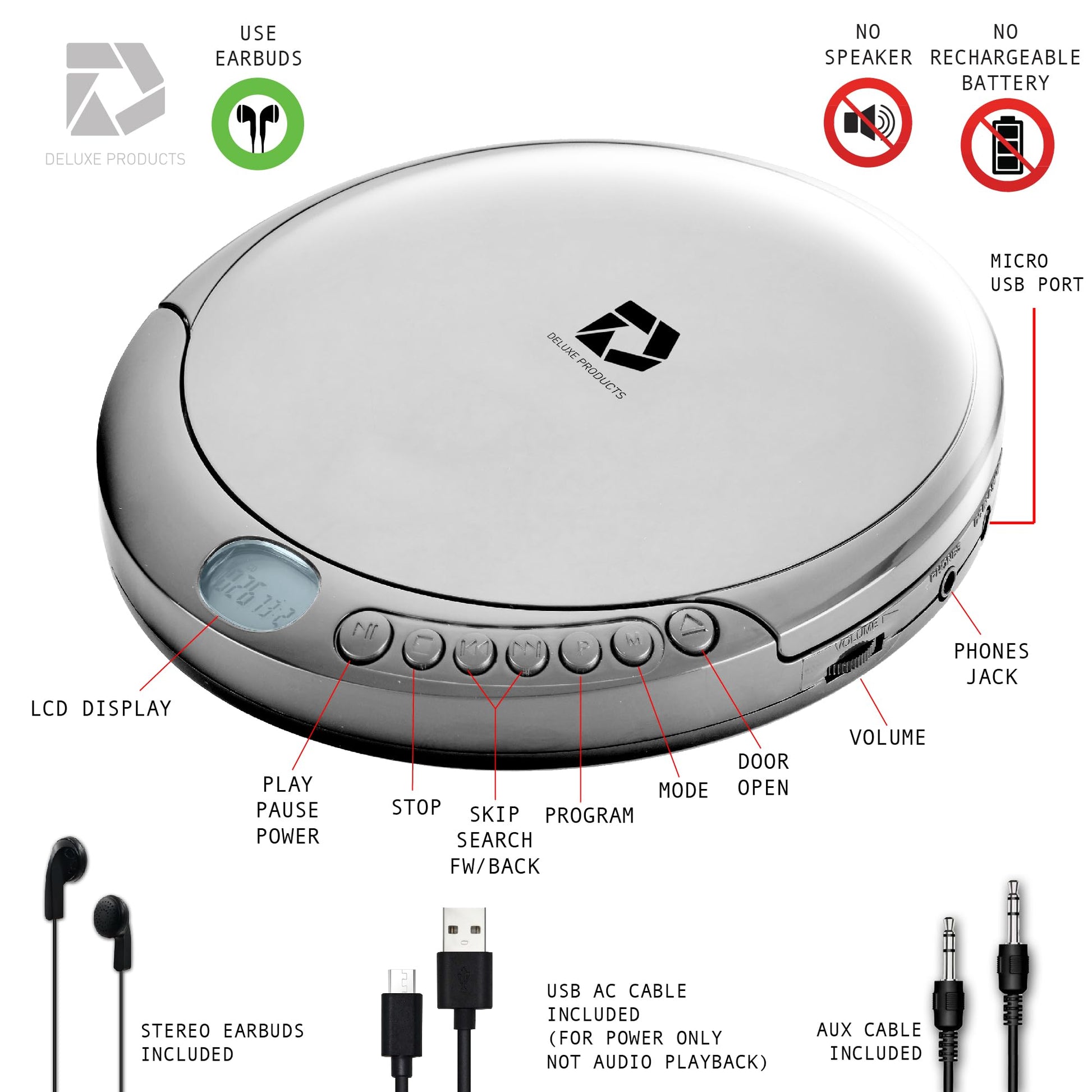 Deluxe Products CD Player Portable with 60 Second Anti Skip, Stereo Earbuds, Includes Aux in Cable and AC USB Power Cable for use at Home or in Car. Silver Deluxe Products