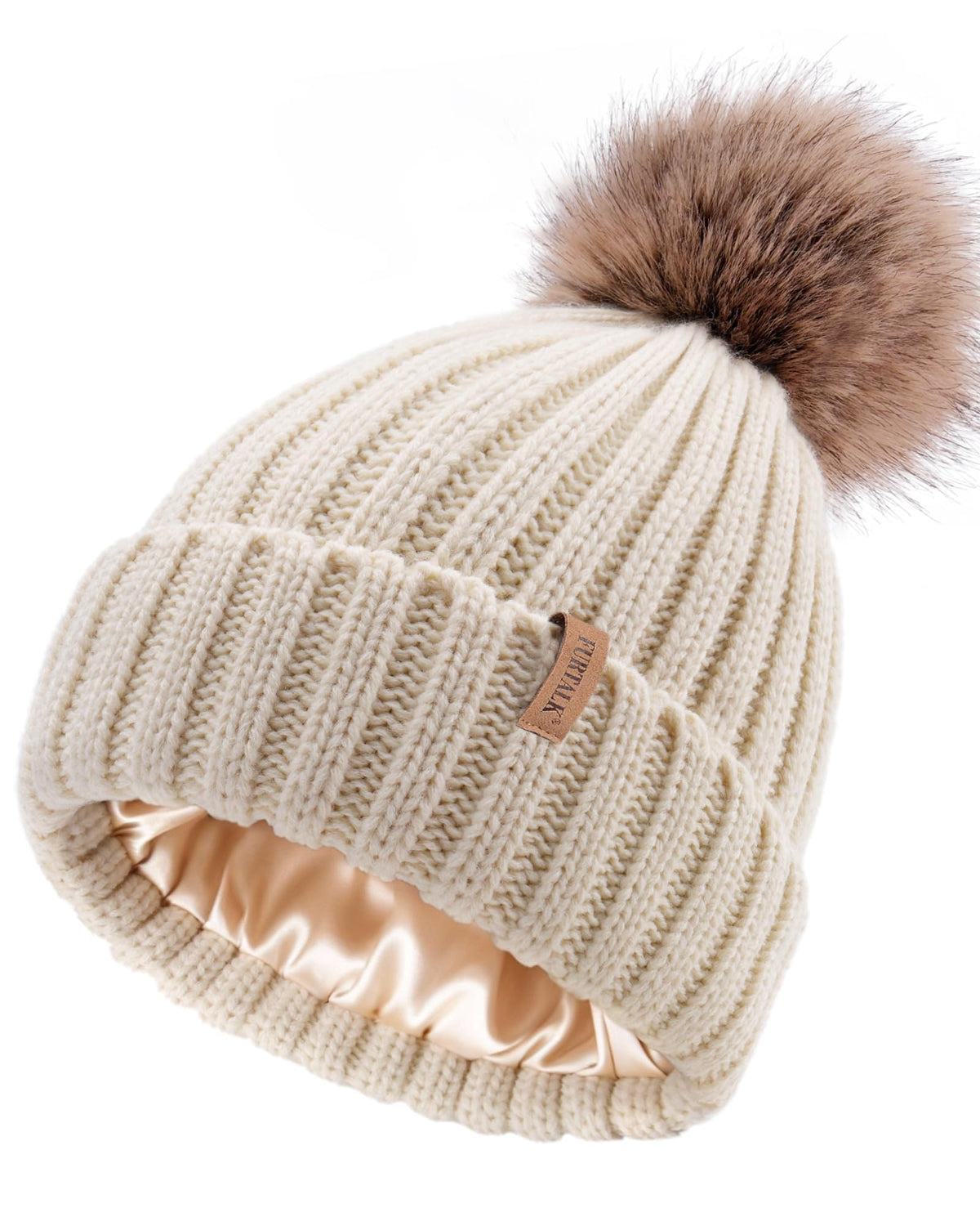 FURTALK Womens Winter Beanie Hat Satin Lined Faux Fur Pom Pom Beanies Hat for Women Winter Warm Knit Hats 🍁 All In One Marketplace Canada