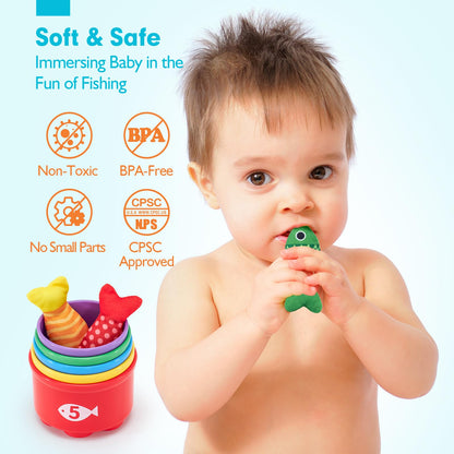 hahaland Montessori Toys for 1 Year Old - Toddler Toys for 1 2 Year Old Boys Girls Toy, Montessori Educational Baby Toy 6-12-18 Months, 10 in 1 Fishing Game with Baby Stacking Cups