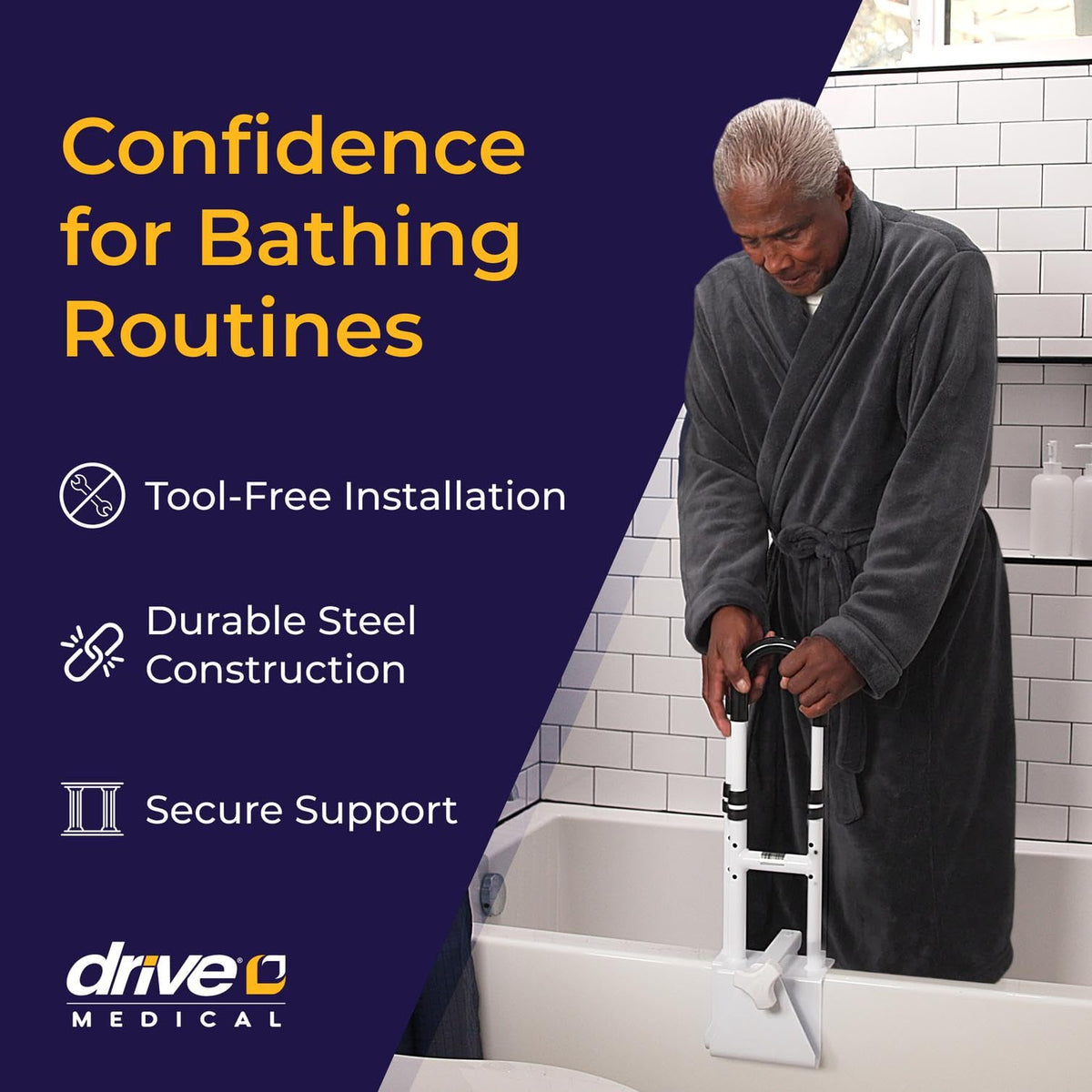 Drive Medical Adjustable Bathtub Grab Bar & Bathtub Safety Rail, White