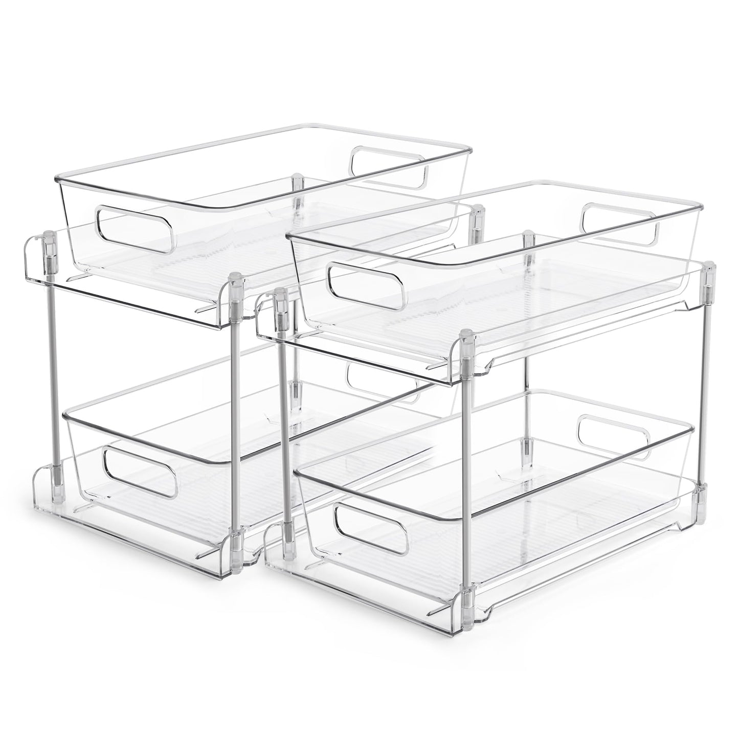 2 Tier Bathroom Organizer, Vtopmart 2 Pack Clear Under Sink Organizers Vanity Counter Storage Container, Medicine Cabinet Drawers Bins, Pull-Out Organization with Track for Pantry, Kitchen