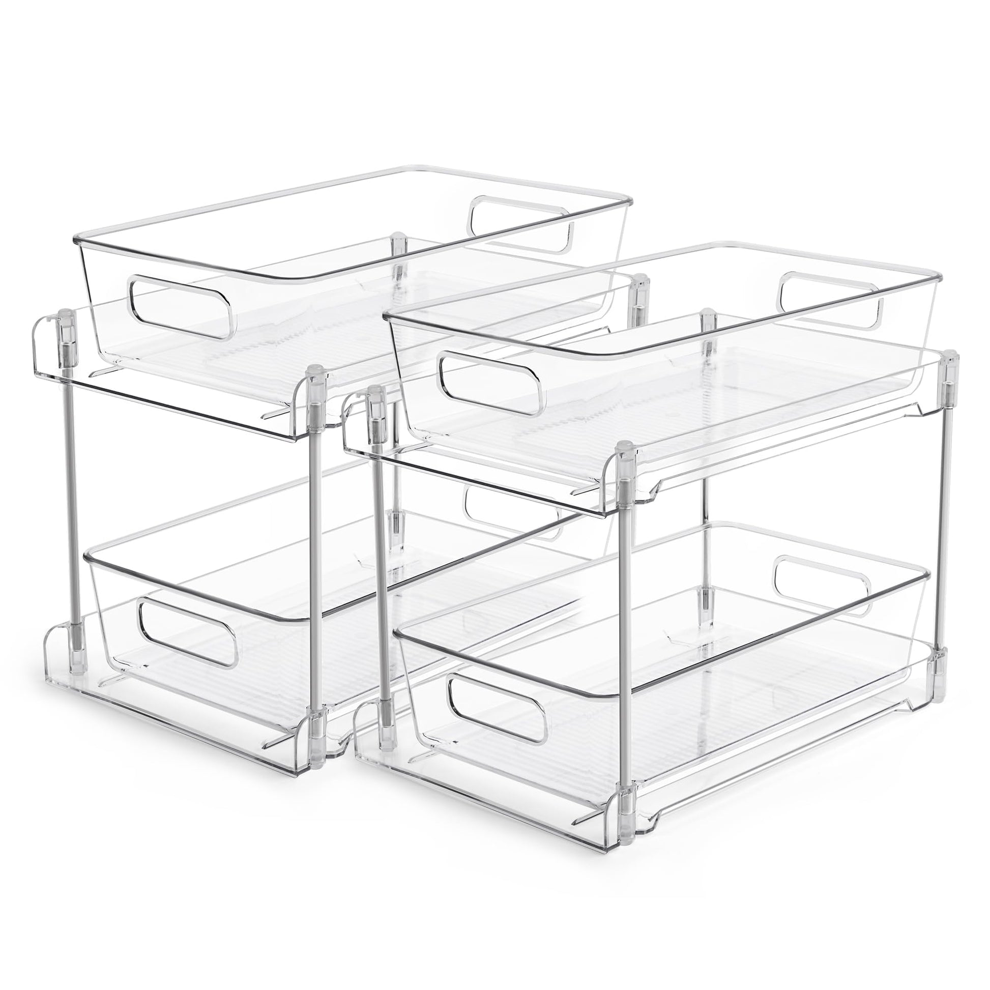 2 Tier Bathroom Organizer, Vtopmart 2 Pack Clear Under Sink Organizers Vanity Counter Storage Container, Medicine Cabinet Drawers Bins, Pull-Out Organization with Track for Pantry, Kitchen