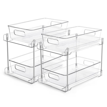 2 Tier Bathroom Organizer, Vtopmart 2 Pack Clear Under Sink Organizers Vanity Counter Storage Container, Medicine Cabinet Drawers Bins, Pull-Out Organization with Track for Pantry, Kitchen