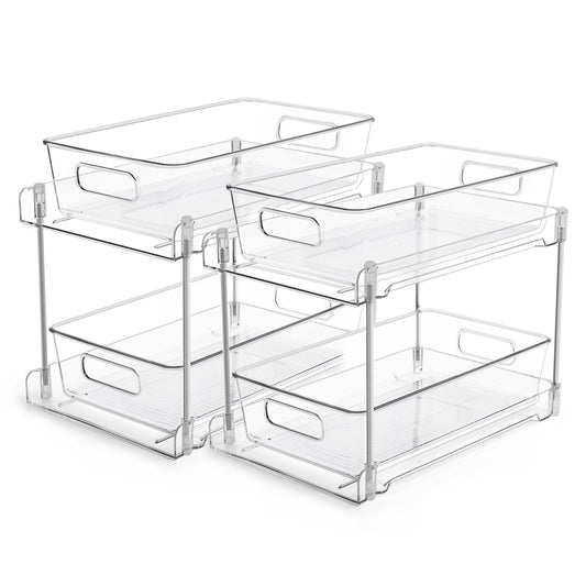 2 Tier Bathroom Organizer, Vtopmart 2 Pack Clear Under Sink Organizers Vanity Counter Storage Container, Medicine Cabinet Drawers Bins, Pull-Out Organization with Track for Pantry, Kitchen