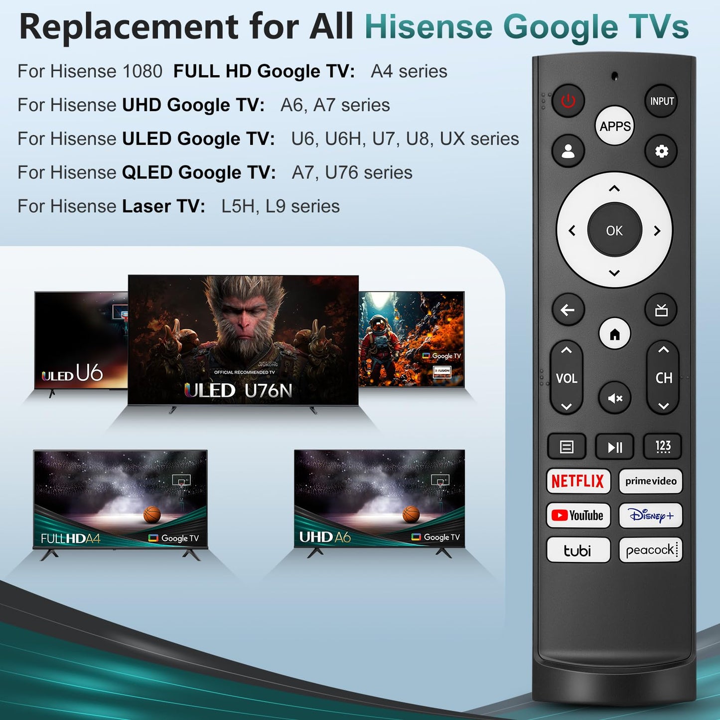 Universal Replacement Remote Control for All Hisense Smart Google TVs Compatible with UHD 4K LED HD ULED-No Setup Needed Programming