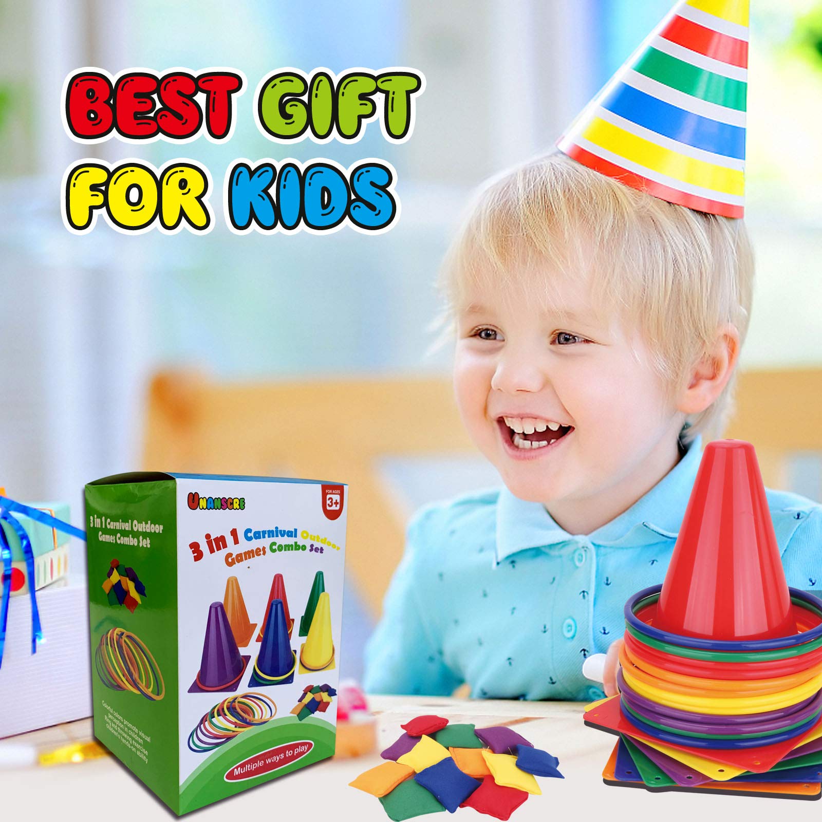 unanscre 31PCS 3 in 1 Carnival Outdoor Games Combo Set for Kids, Soft Plastic Cones Bean Bags Ring Toss Game, Gift for Birthday Party/Xmas - Available at All In One Marketplace Canada