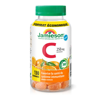 Jamieson Vitamin C 250 mg Gummies, 130 Gummies, Natural Tangy Orange Flavour, Supports Immune Health, Family Friendly (3+), Vegetarian, Non-GMO, No Artificial Flavours, Colours or Preservatives