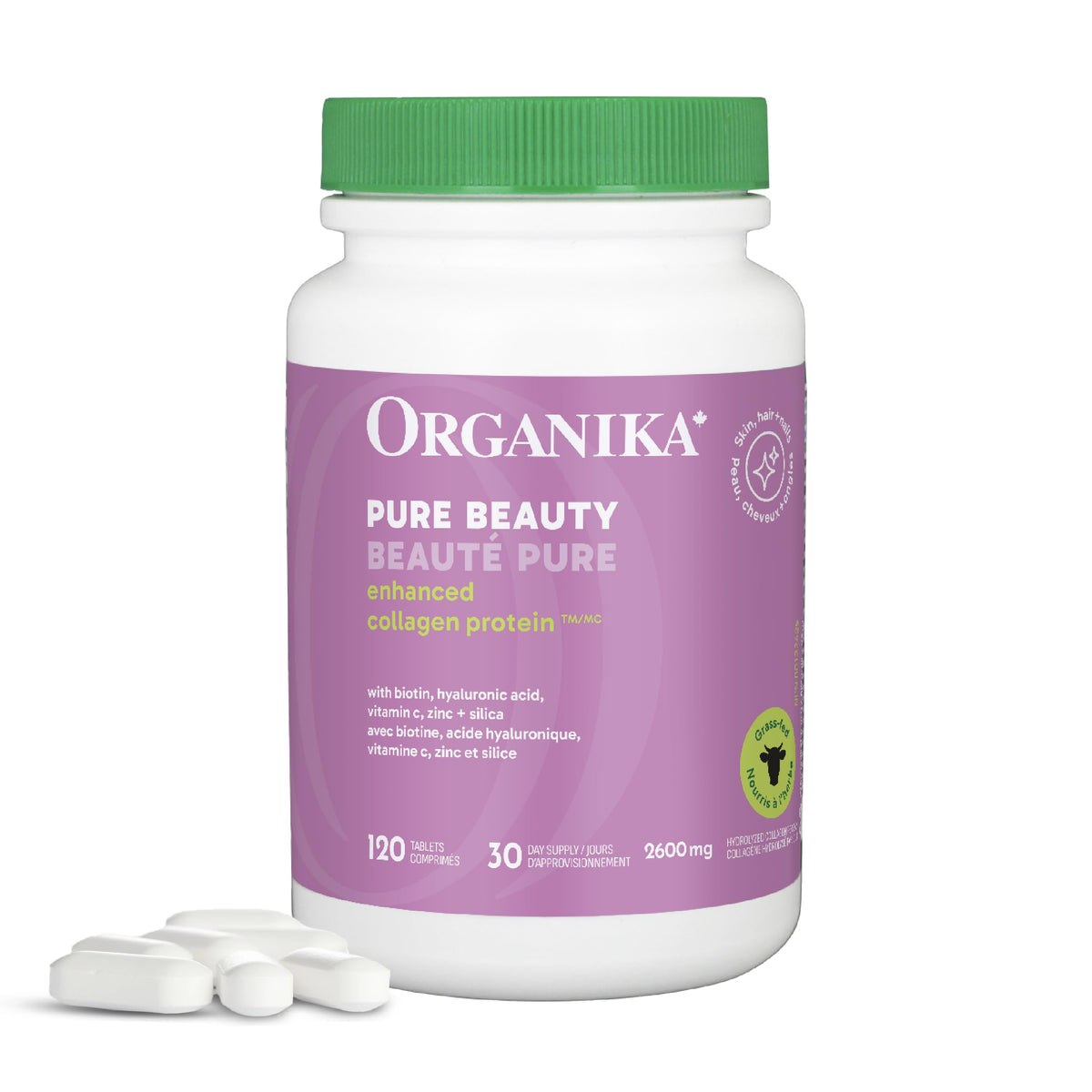Organika Canadian-Made Enhanced Collagen Pure Beauty Tablets - Combination of Collagen (2600mg), Biotin (125mcg), Hyaluronic Acid, Vitamin C, Zinc, and Silica- 120tabs