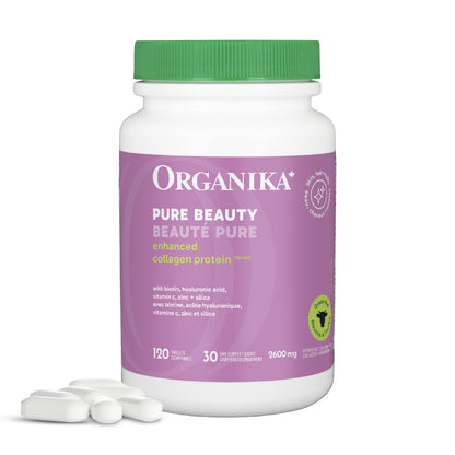Organika Canadian-Made Enhanced Collagen Pure Beauty Tablets - Combination of Collagen (2600mg), Biotin (125mcg), Hyaluronic Acid, Vitamin C, Zinc, and Silica- 120tabs
