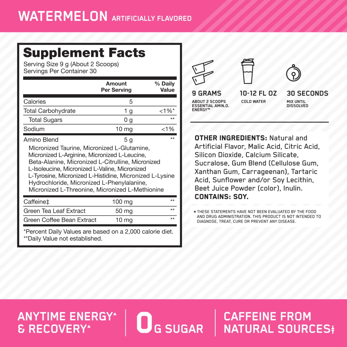 Optimum Nutrition Amino Energy Powder: Pre- workout & Anytime energy with Green tea, Green coffee extract + BCAA's - Watermelon: 30 servings [270g] (packaging may vary) - Available at All In One Marketplace Canada