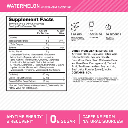 Optimum Nutrition Amino Energy Powder: Pre- workout & Anytime energy with Green tea, Green coffee extract + BCAA's - Watermelon: 30 servings [270g] (packaging may vary) - Available at All In One Marketplace Canada