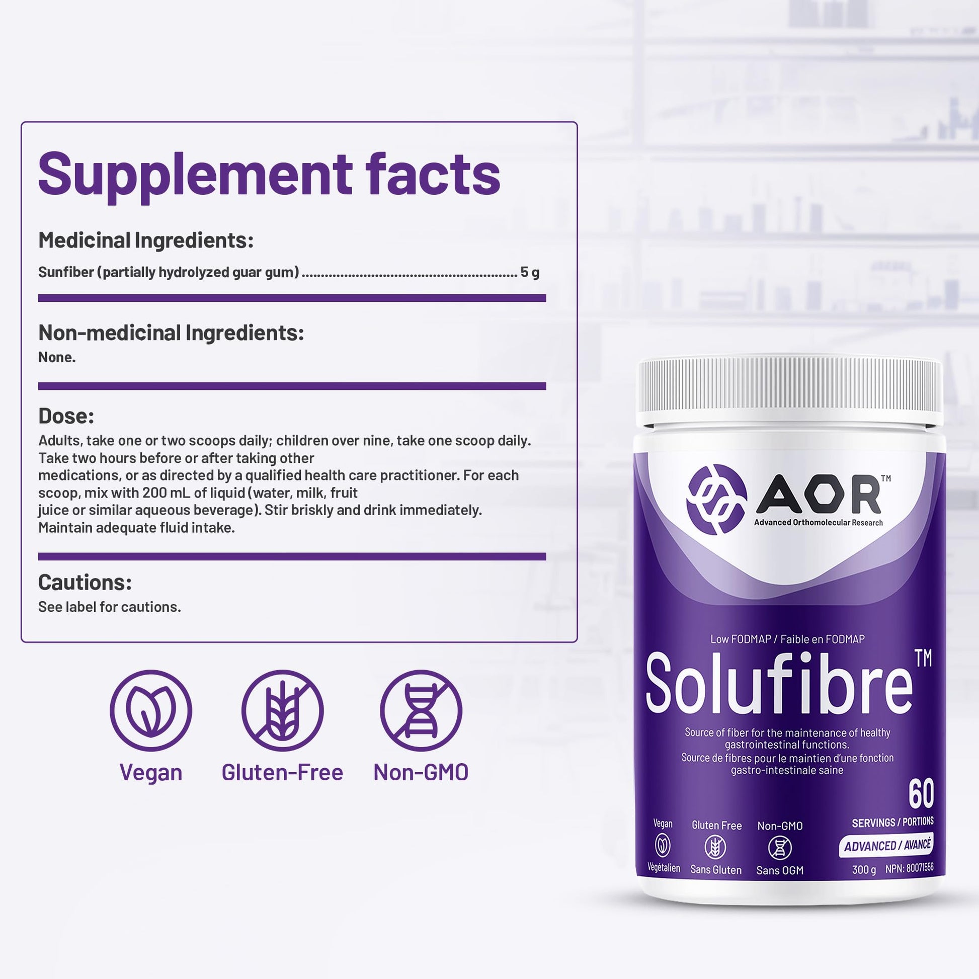 AOR - SoluFibre Powder, 300g 60-Servings - Partially Hydrolyzed Guar Gum Sunfiber for Digestive Comfort & Regularity - Vegan, Non-GMO & Gluten-Free - Gentle Prebiotic Fiber Supplement - Soluble Fiber - Available at All In One Marketplace Canada