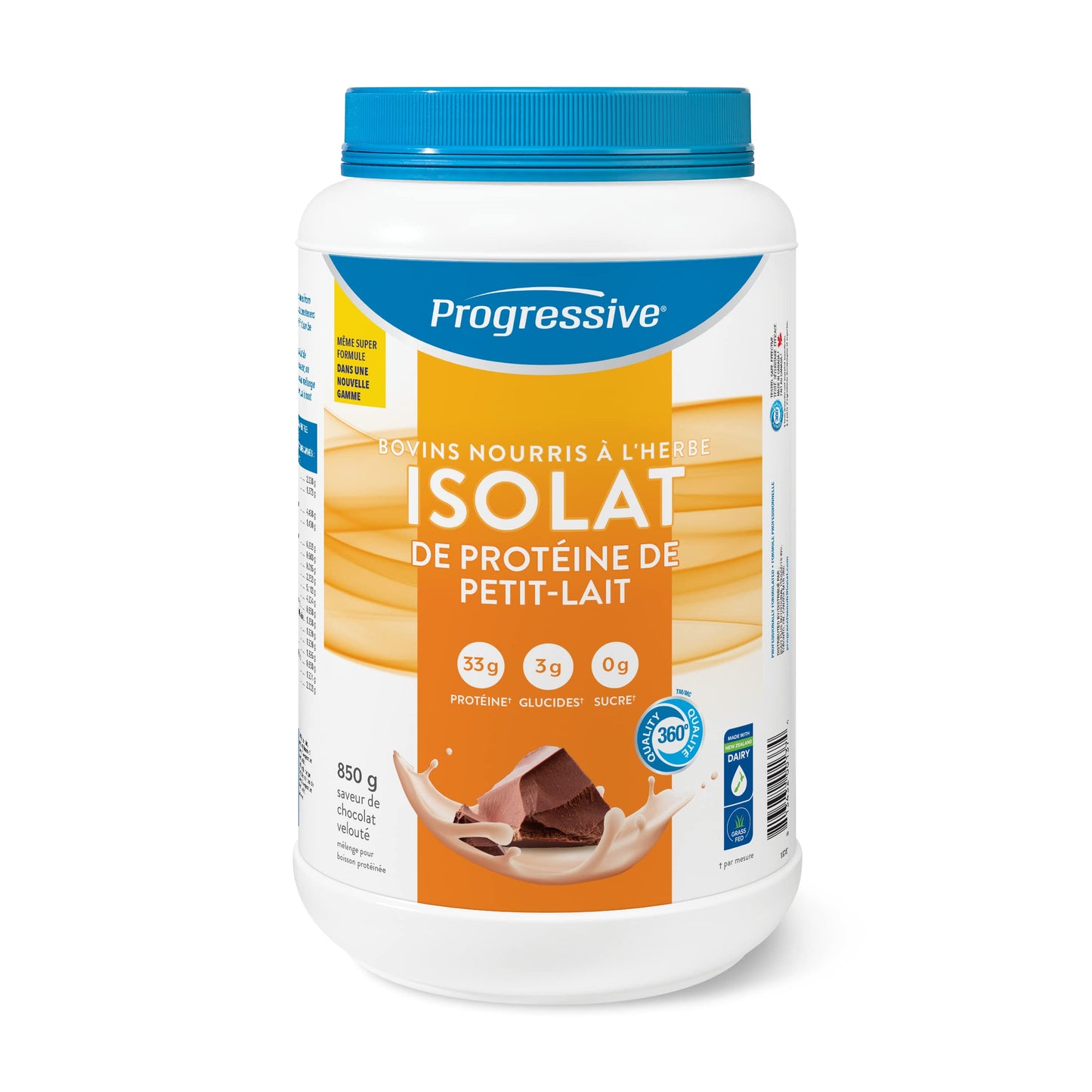Progressive Grass-Fed 100% Whey Isolate Powder Chocolate Velvet, with 33g of New Zealand Whey Concentrate per Scoop for Muscle Gain and Recovery, Pasture-Raised, Non-GMO, Antibiotic-Free, and Hormone-Free, 850g Progressive