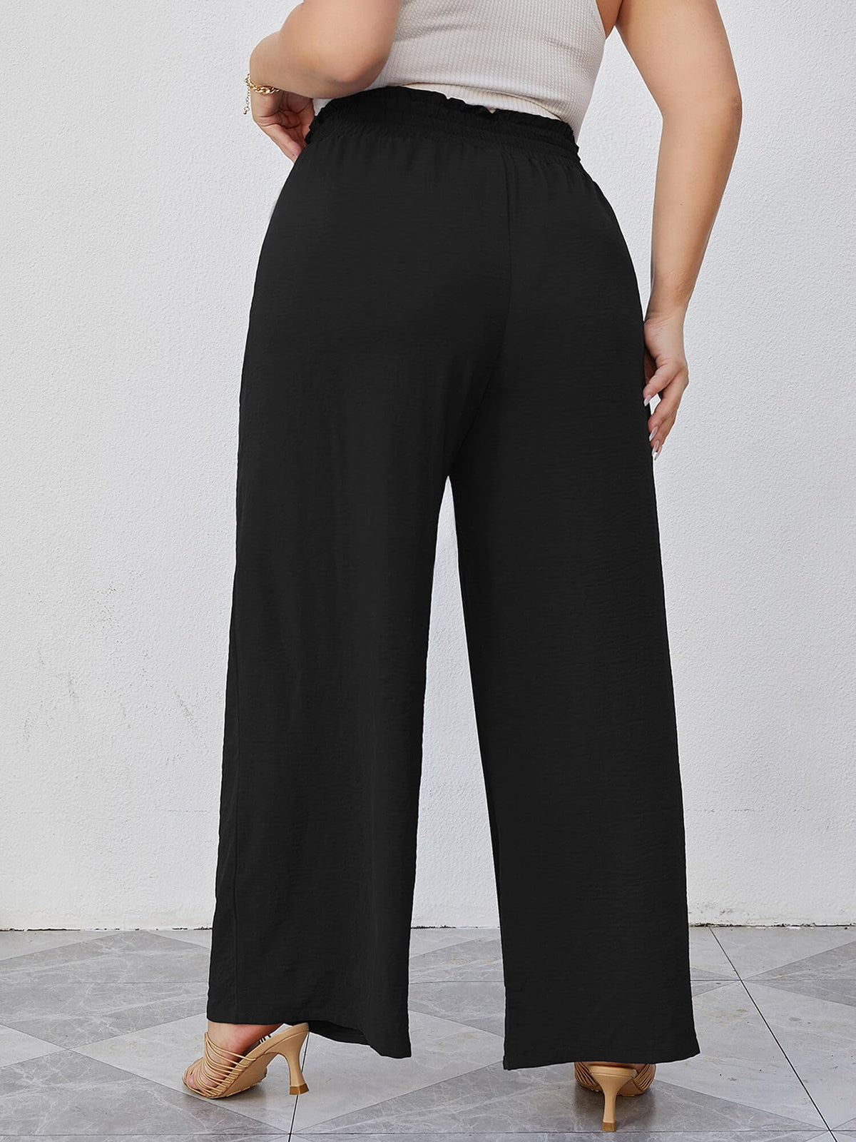 AusLook Plus Size Wide Leg Pants for Women High Waisted Lightweiht Palazzo Black 2X Pants Adjustable Tie Knot Paperbag Dressy Loose Comfy Business Casual Work Flowy Holiday Trousers with Pockets 🍁 All In One Marketplace Canada