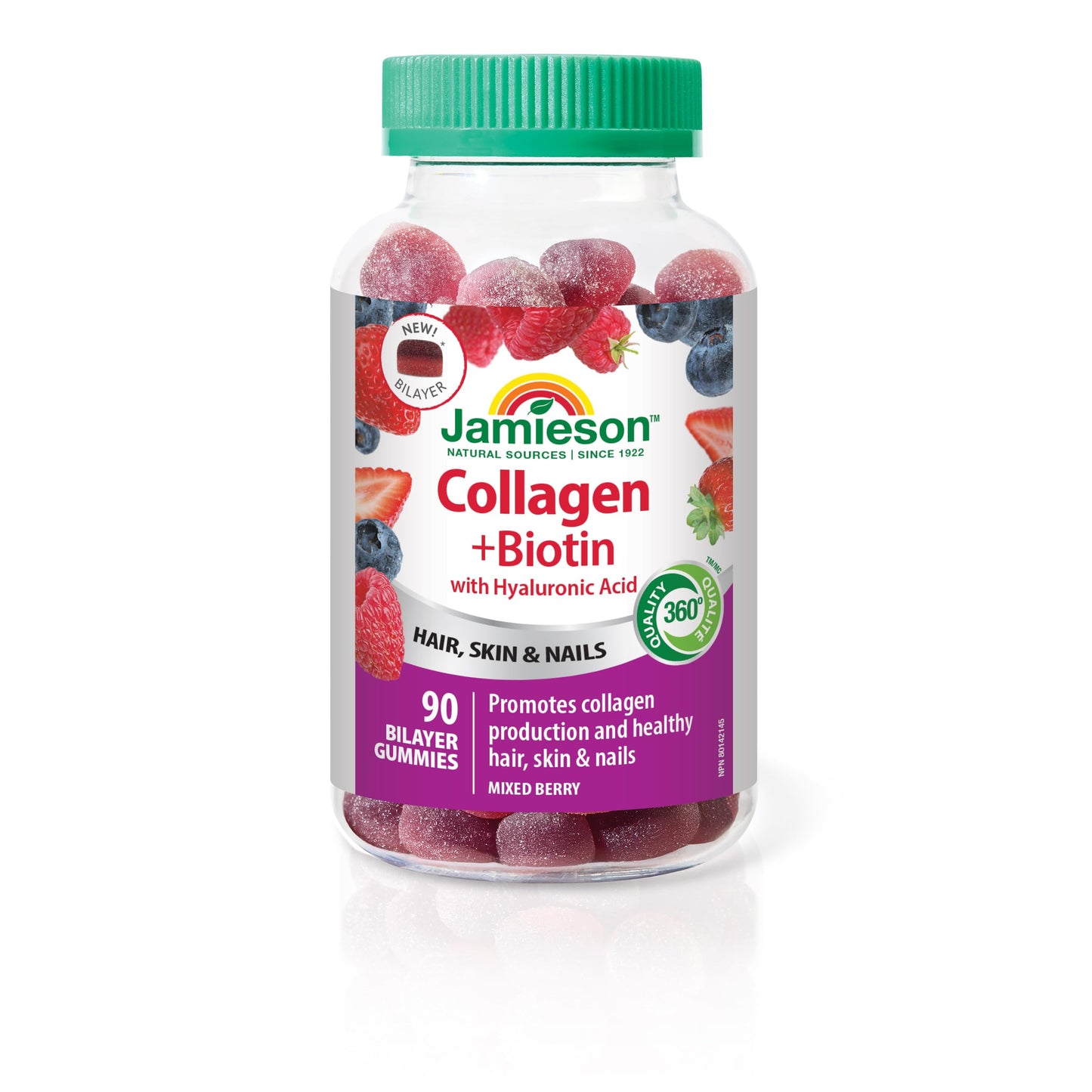 Jamieson Collagen and Biotin Bilayer Gummy with Hyaluronic Acid and Vitamin C, Mixed Berry Flavour, Healthy Hair, Skin & Nails, Supports Collagen Production, Source of Antioxidants, Beauty Gummy, NON-GMO, No Gluten, No Lactose, No Artificial Colours, Flav Jamieson