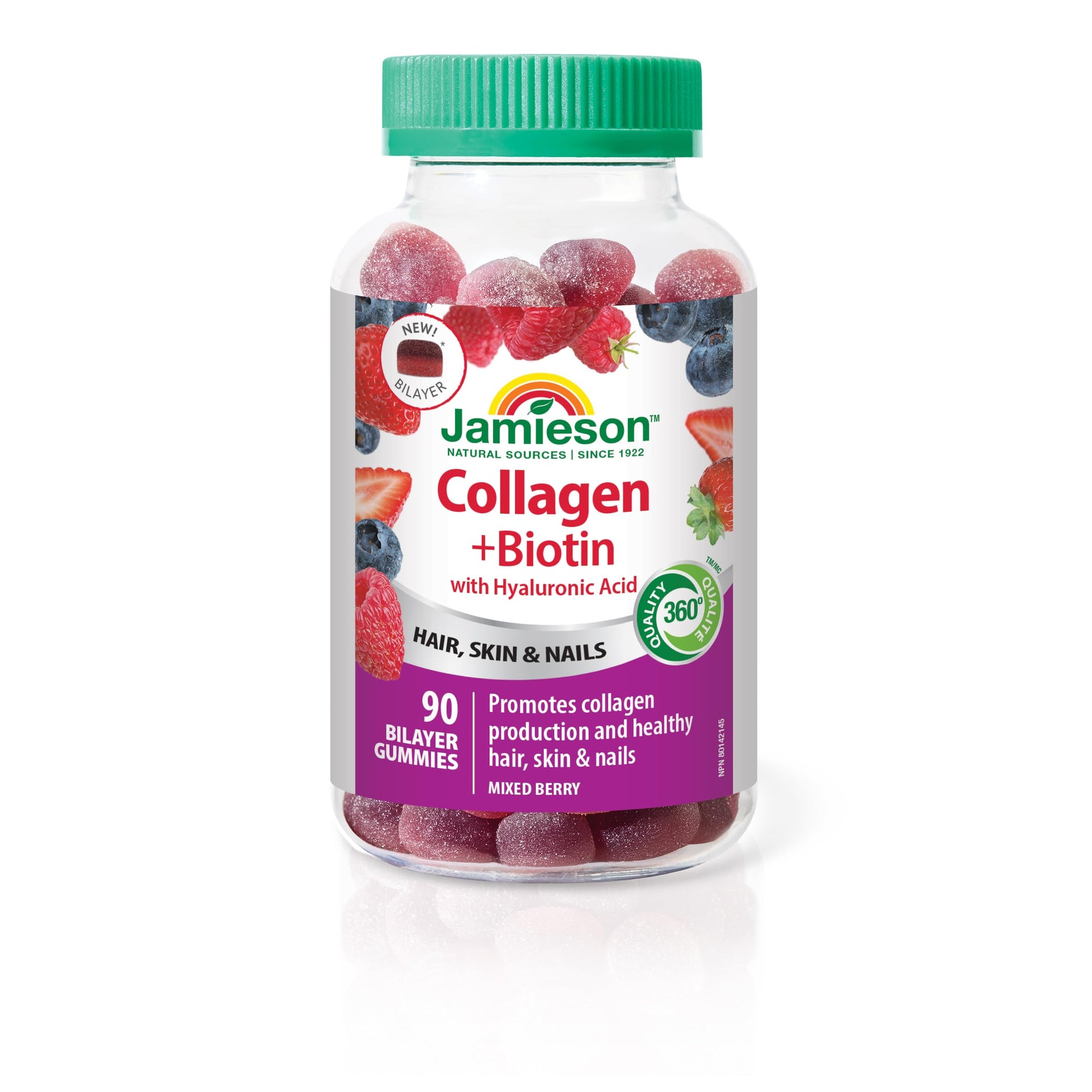 Jamieson Collagen and Biotin Bilayer Gummy with Hyaluronic Acid and Vitamin C, Mixed Berry Flavour, Healthy Hair, Skin & Nails, Supports Collagen Production, Source of Antioxidants, Beauty Gummy, NON-GMO, No Gluten, No Lactose, No Artificial Colours, Flav Jamieson