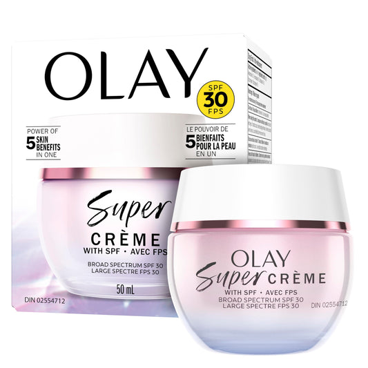 Olay Super Cream with Sunscreen SPF 30, Ultra Lightweight Face Moisturizer with Vitamin C, Hyaluronic Acid, Niacinamide, Vitamin E, and Collagen Peptide that hydrates, smooths, brightens, firms, and protects with SPF, 50 mL - Available at All In One Marketplace Canada