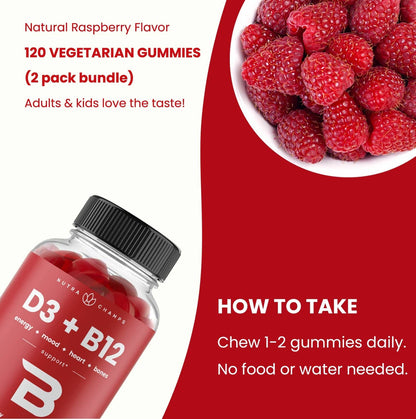 Vitamin D3 1000 IU + B12 1000mcg Per Serving | Chewable Vitamins B & D Gummies for Adults, Kids, Women & Men | Enhanced With Folate for Energy & Immunity | 120 Gummies - Available at All In One Marketplace Canada
