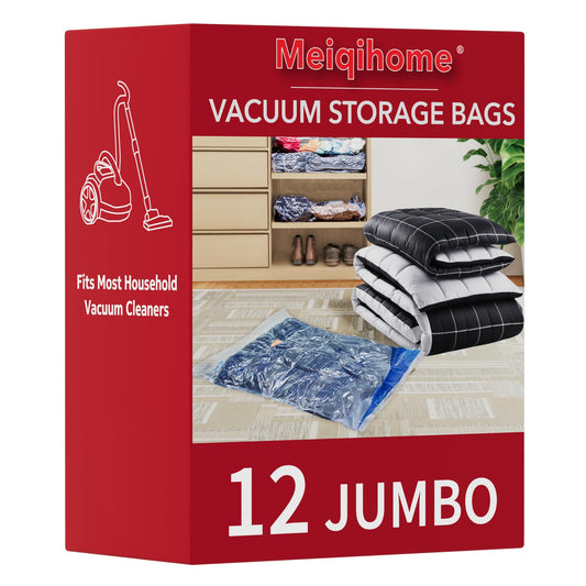 Vacuum Storage Bags 12 Jumbo, Space Saver Sealer Bags, Compression Bags for Clothes, Pillows, Comforters, Blankets, Bedding
