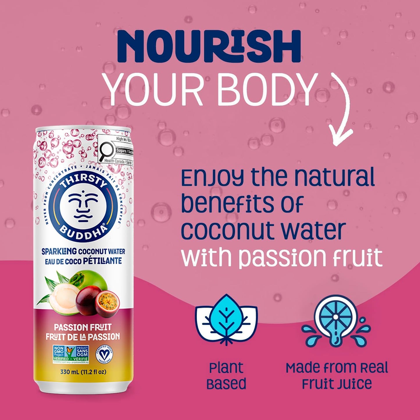 THIRSTY BUDDHA Sparkling Coconut Water with Passion Fruit, No Added Sugar, Pure Coco Drink, Natural Fruit Flavour, Electrolyte & Nutrient-Rich, 12 Pack, (12/330ml)