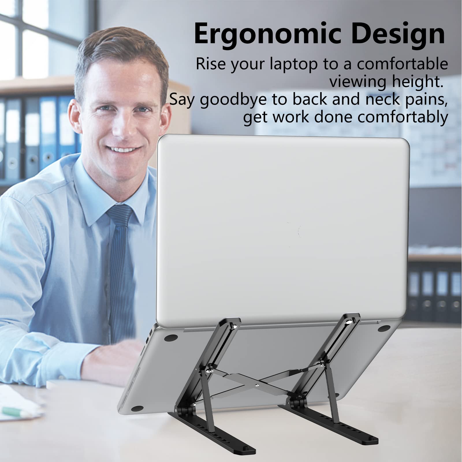 Laptop Stand for Desk, Adjustable Laptop Riser ABS+Silicone Foldable Portable Laptop Holder, Ventilated Cooling Pad Notebook Stand for 10-15.6” Laptops,Tablet-Black - Available at All In One Marketplace Canada