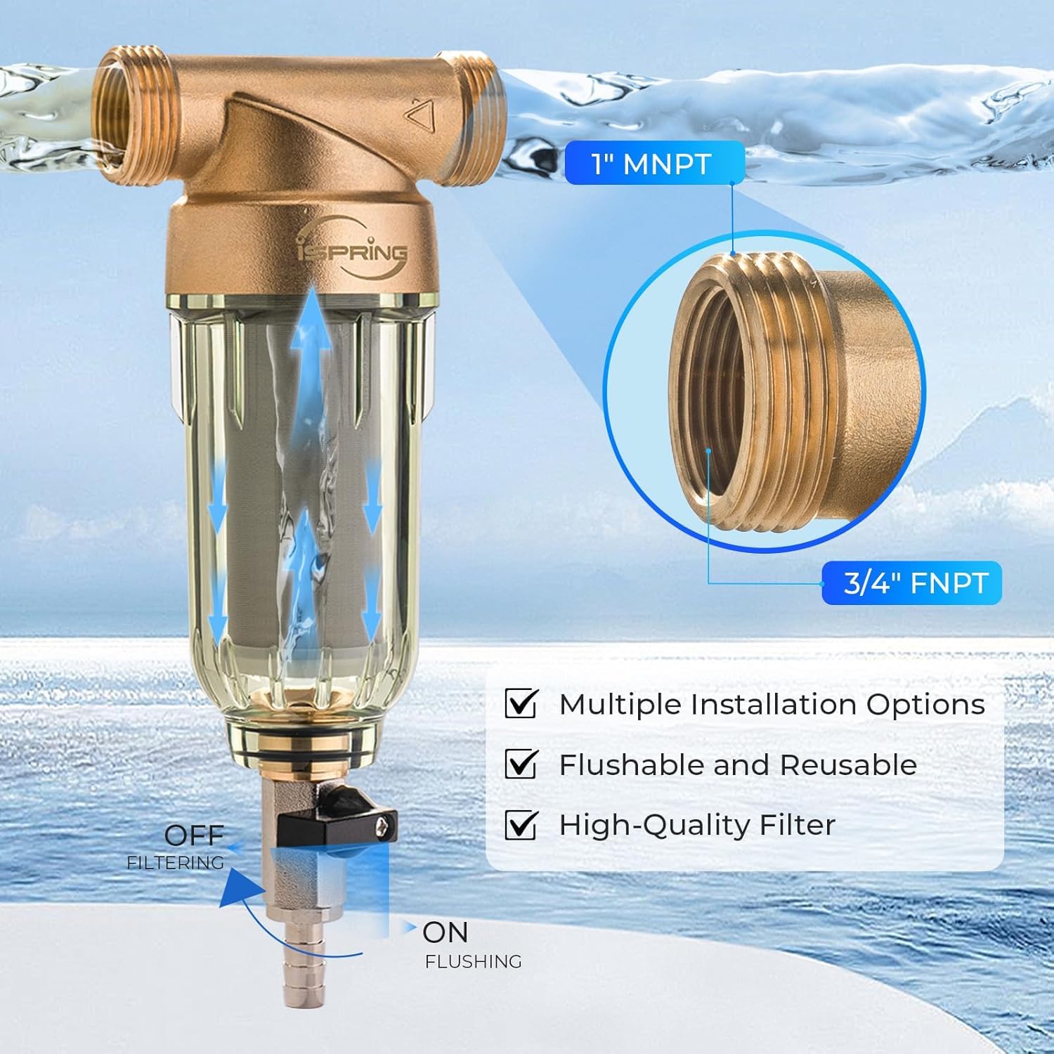 iSpring WSP-50 Reusable Whole House Spin Down Sediment Water Filter 50 Micron, 1" MNPT + 3/4" FNPT, Brass, Wrench included iSpring