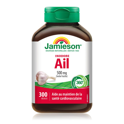 Jamieson Odourless Garlic 500 mg, Supports Heart Health, and Provides Immune Support. Non-GMO, Gluten-Free, 300 Softgels, Proudly Canadian - Available at All In One Marketplace Canada