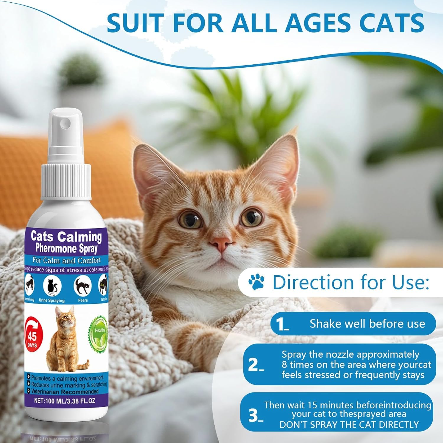 Cat Calming Spray & Cat Pheromone Spray – Stress & Anxiety Relief for Cats & Kittens, Reduces Scratching, Peeing & Marking, Safe Drug-Free Formula with F3 Cat Pheromones,2 Pack - Available at All In One Marketplace Canada