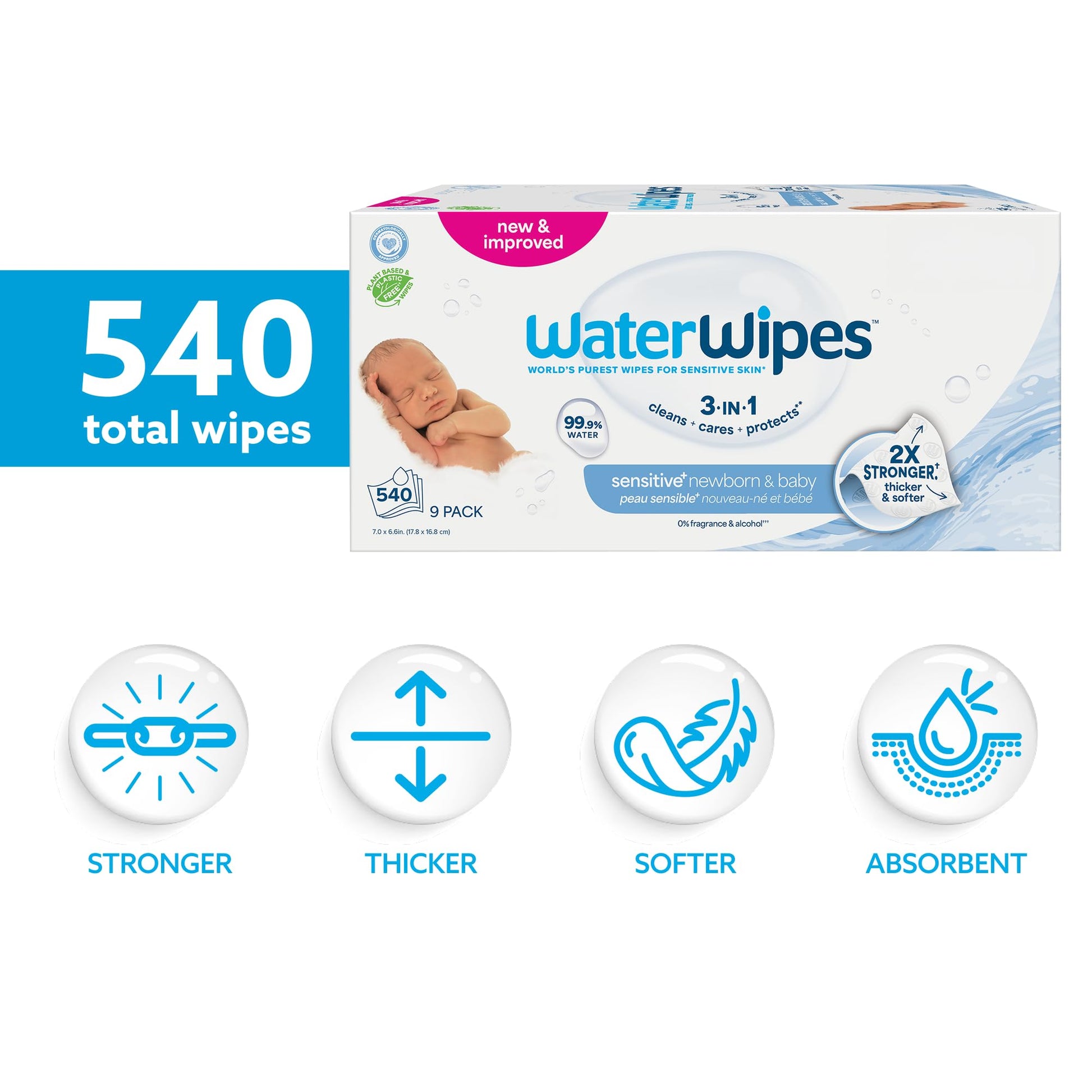 WaterWipes Sensitive+ Newborn & Baby Wipes, 3-In-1 Cleans, Cares, Protects, 99.9% Water, Unscented & Hypoallergenic, 540 Count (9 Packs)