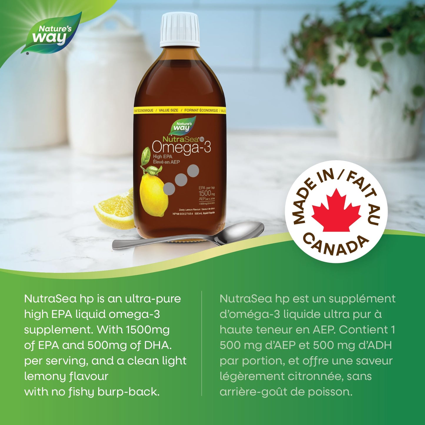 Nature's Way NutraSea HP Omega 3 High EPA Fish Oil Liquid Supplement for Adults and Kids Ages 1+ – Zesty Lemon Flavour – Heart & Brain Support – 1500mg EPA, 500 mL Value Size Nature's Way