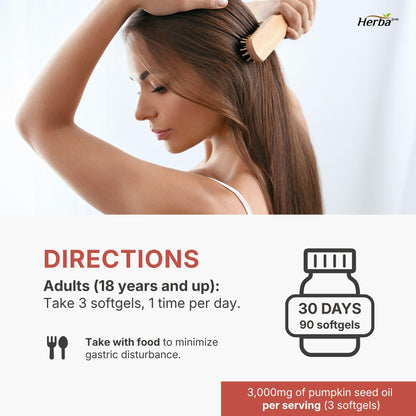 Herba Pumpkin Seed Oil Capsules for Hair - 90 Softgels | 3 in 1 with Saw Palmetto and Biotin | Cold Pressed, Extra Virgin, and Non GMO | Made in Canada - Available at All In One Marketplace Canada
