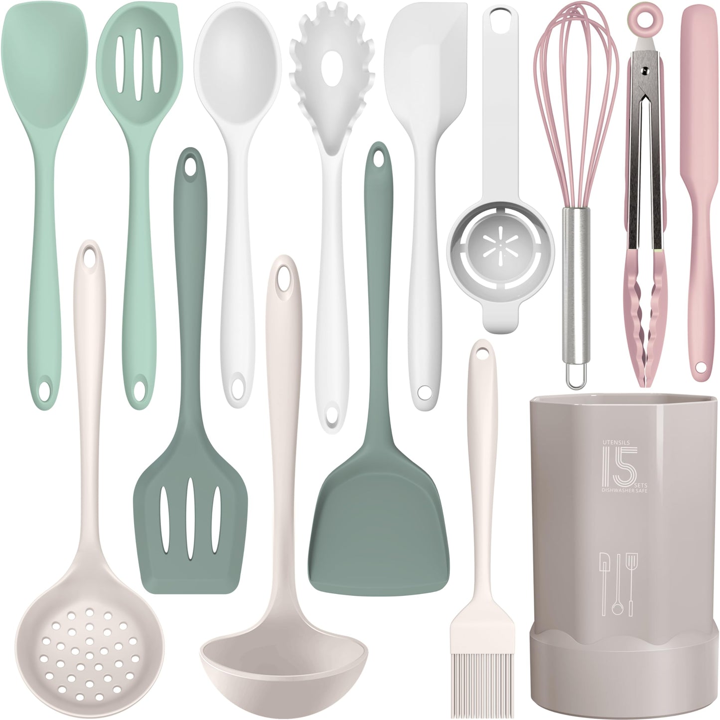 Silicone Cooking Utensils Set - 446°F Heat Resistant Silicone Kitchen Utensils,Spatula,Spoon, All Clad Kitchen Utensil Sets Gadgets Tools for Nonstick Cookware,Dishwasher Safe BPA Free (Multicolor)