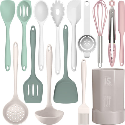 Silicone Cooking Utensils Set - 446°F Heat Resistant Silicone Kitchen Utensils,Spatula,Spoon, All Clad Kitchen Utensil Sets Gadgets Tools for Nonstick Cookware,Dishwasher Safe BPA Free (Multicolor)