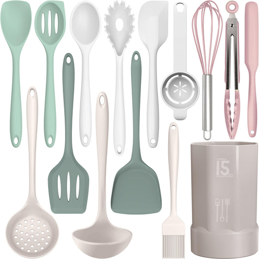 Silicone Cooking Utensils Set - 446°F Heat Resistant Silicone Kitchen Utensils,Spatula,Spoon, All Clad Kitchen Utensil Sets Gadgets Tools for Nonstick Cookware,Dishwasher Safe BPA Free (Multicolor)