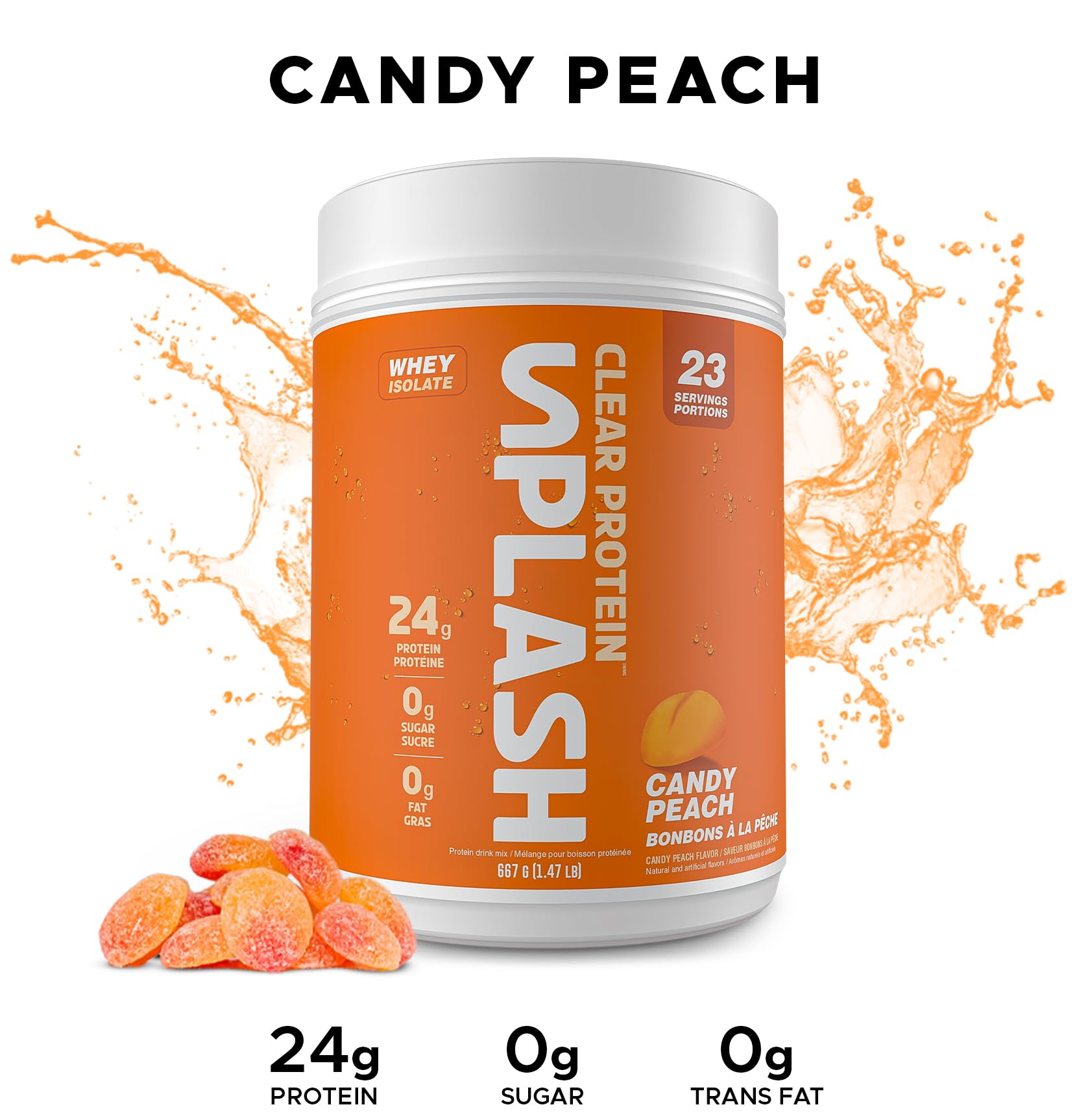 Revolution Nutrition Splash Clear Isolate Protein Powder – 100% Clear Whey, Candy Peach Flavor, 24g Protein Per Serving, Zero Sugar & Zero Carb, 667g (23 Servings)