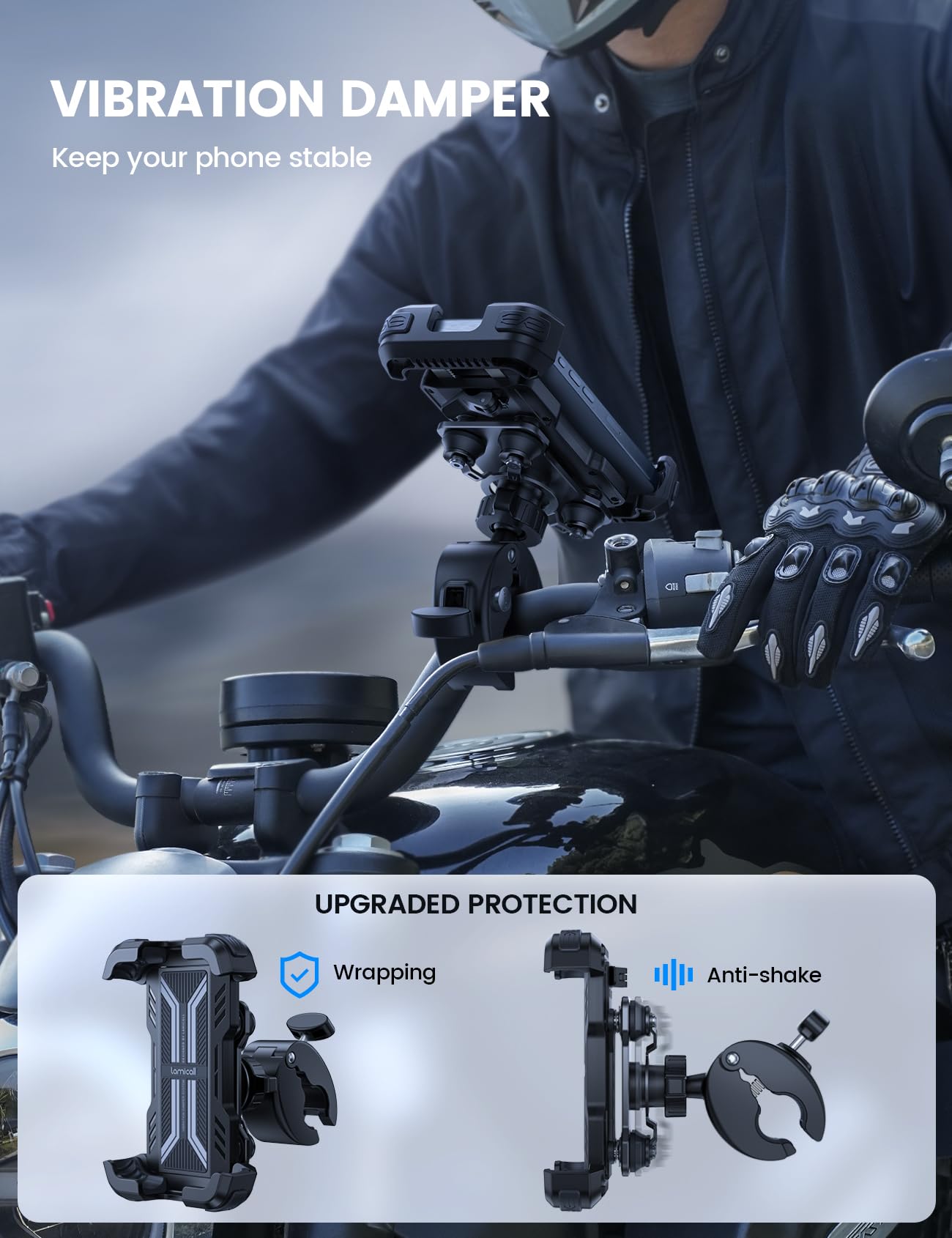 Lamicall Motorcycle Phone Mount Holder - [Dual Vibration Dampener] Anti Shake Motorcycle Phone Mount with Upgraded Handlebar Clamp, Bike Phone Mount for iPhone 14 15 Pro Max 16 17 Pro, 4.7-6.7" Phone