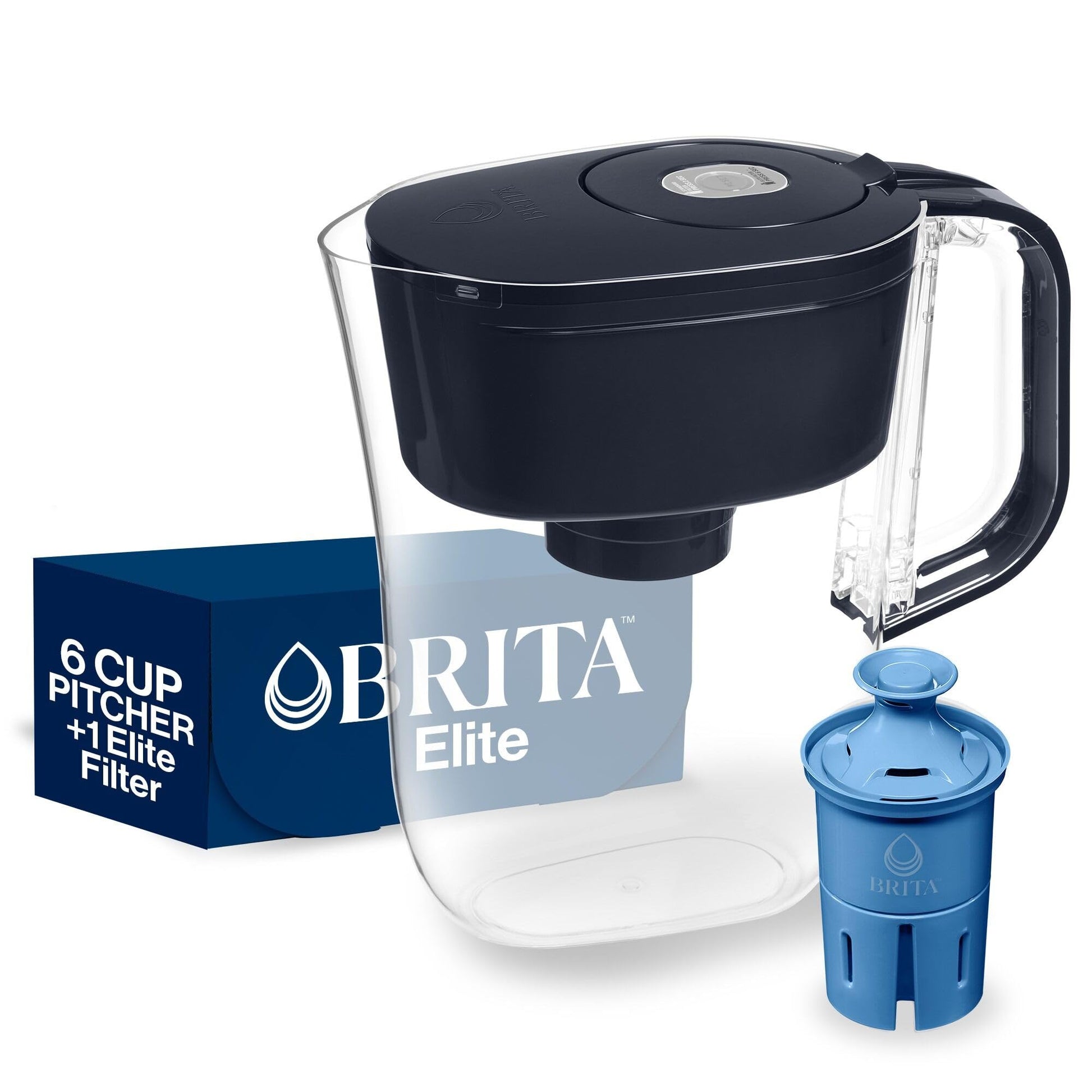 Brita 6 Cup Elite Filter Pitcher with Smart Light Indicator, Reduces 30+ Contaminants including Lead and Microplastics, Filter lasts 6 months, Denali, Black BRITA