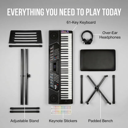 RockJam 61 Key Keyboard Piano With Pitch Bend Kit, Keyboard Stand, Piano Bench, Headphones, Simply Piano App & Keynote Stickers