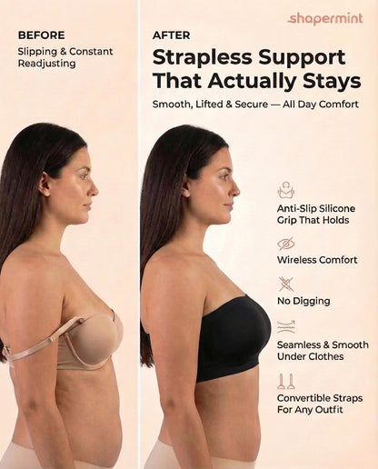 SHAPERMINT Convertible Strapless Bras for Women - Compression Wireless Bandeau Bra Top Black