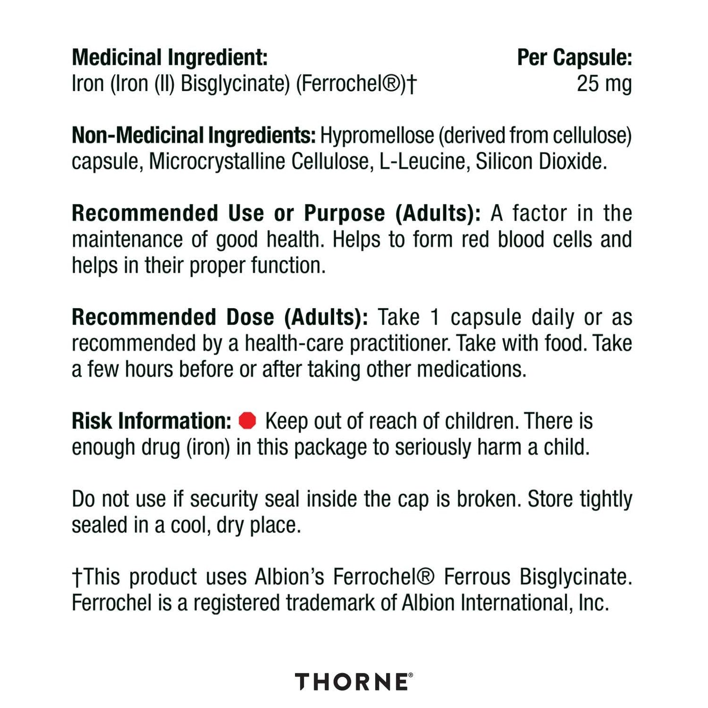 Thorne Iron Bisglycinate - 25 mg Iron Supplement for Enhanced Absorption Without Gastrointestinal Side Effects - 60 Capsules - 60 Servings - Available at All In One Marketplace Canada