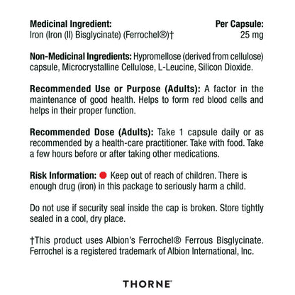 Thorne Iron Bisglycinate - 25 mg Iron Supplement for Enhanced Absorption Without Gastrointestinal Side Effects - 60 Capsules - 60 Servings - Available at All In One Marketplace Canada