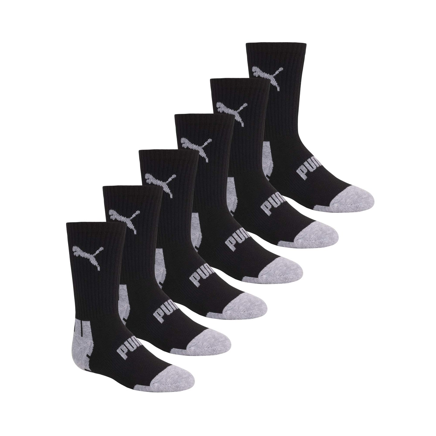 PUMA boys 6 Pack Crew Cut Socks, Black/Grey, 9-11 PUMA