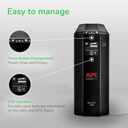 APC UPS 1500VA UPS Battery Backup & Surge Protector, BX1500M Backup Battery Power Supply, AVR, Dataline Protection