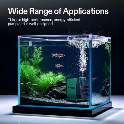 VIVOSUN 800GPH Submersible Pump(3000L/H, 24W), Ultra Quiet Water Pump with 10ft High Lift, Fountain Pump with 5ft Power Cord, 3 Nozzles for Fish Tank, Pond, Aquarium, Statuary, Hydroponics