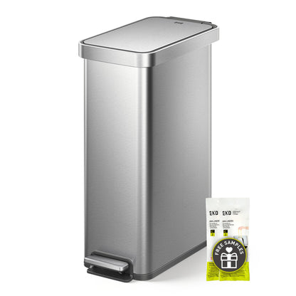 EKO Hudson Slim 50L / 13.2 Gallon Kitchen Trash Can with Lid, Stainless Steel Step Garbage Can for Kitchen or Home, Space-Saving Garbage Can with Soft Close Lid, Stay-Open, Liner Ring, Handle